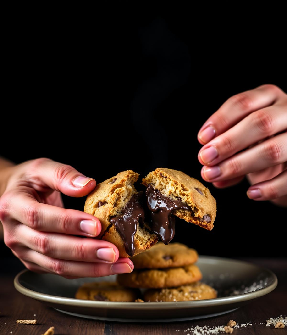 Hands breaking a warm cookie